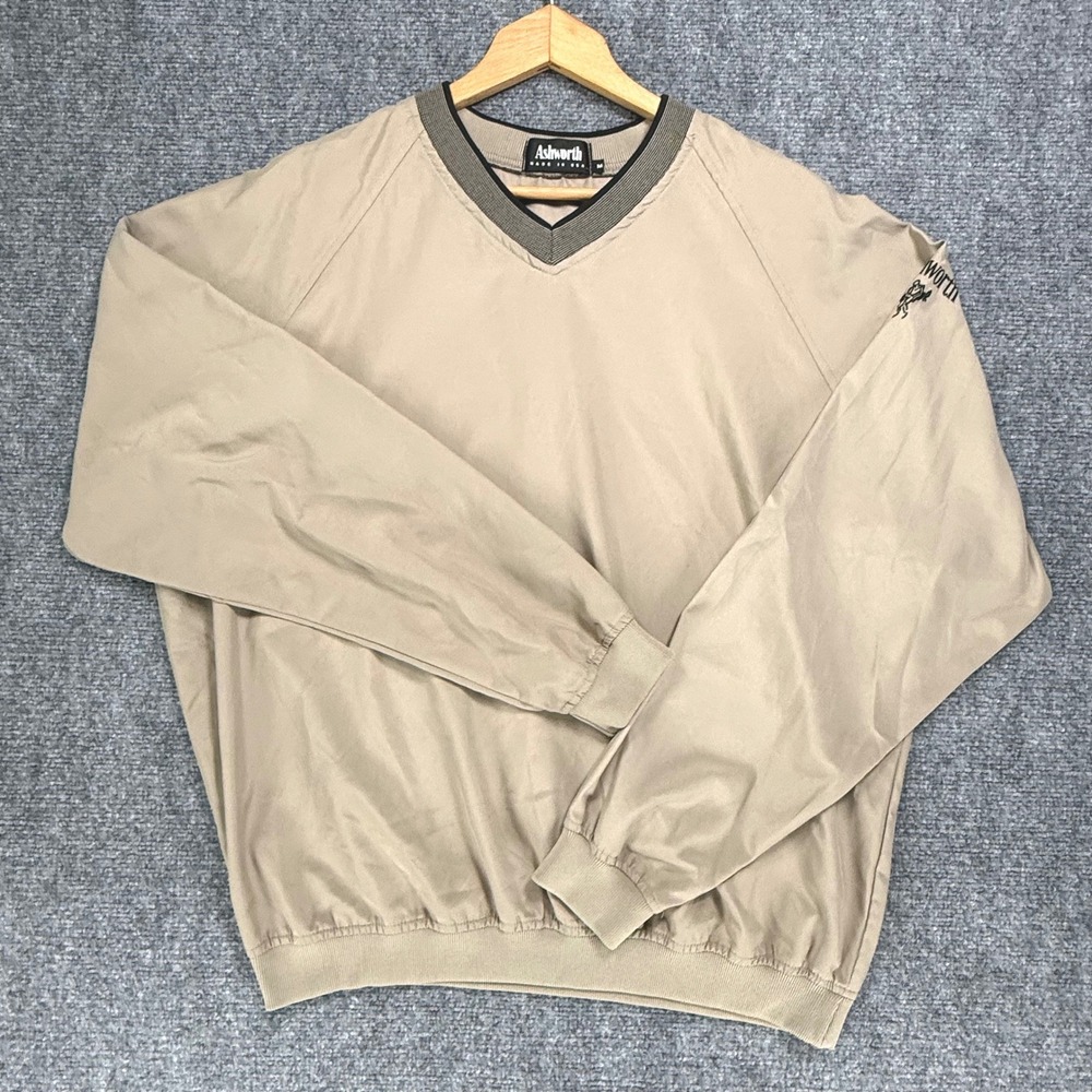 Vintage Ashworth Golf Windbreaker Men's Medium Beige V-Neck Pullover USA